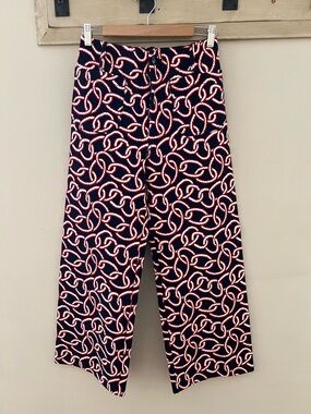 Maeve by Anthropologie- Navy Wide Leg Pants with Red Rope Chain Print